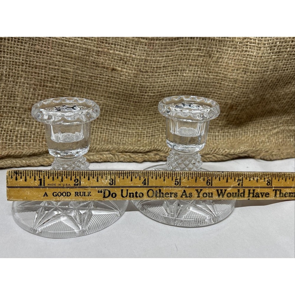 Set of 2 Clear Crystal Glass Candle Holders Eight Point Star And Diamond‎ Design - Picture 9 of 9
